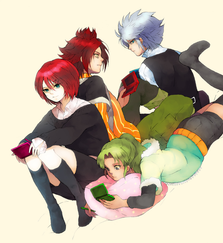 4boys crossdressing green_hair hairclips inazuma_eleven kiyama_hiroto kneehighs male midorikawa_ryuuji nagumo_haruya nintendo_ds redhead relaxing socks striped_shirt suzuno_fuusuke thigh-highs white_hair