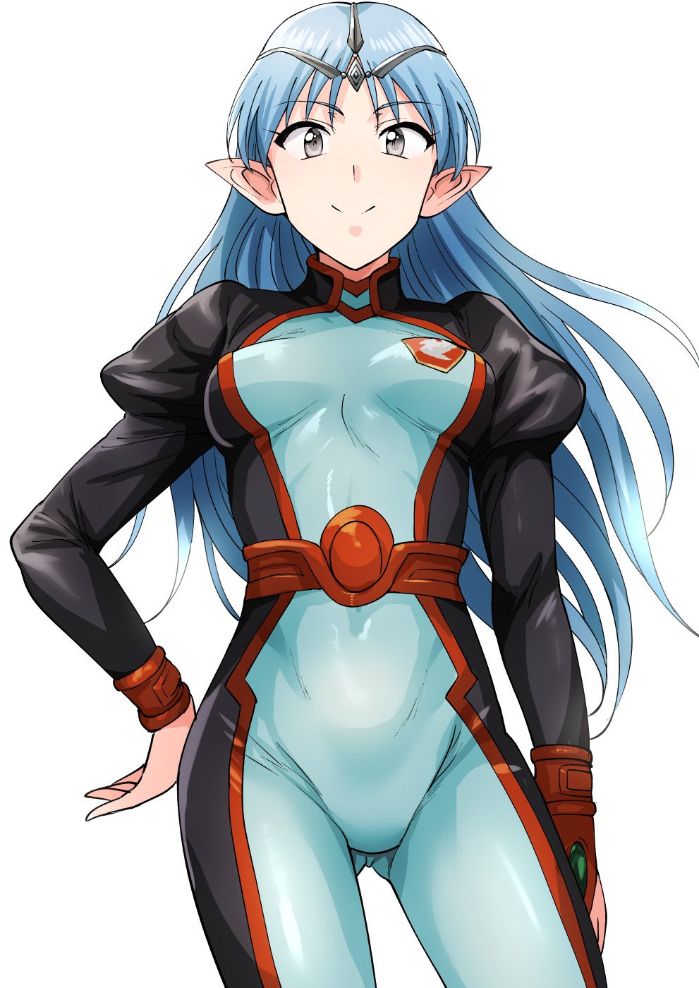 1girl ass_visible_through_thighs blue_eyes blue_hair bodysuit breasts circlet closed_mouth forehead_jewel highres lafiel long_hair looking_at_viewer pointy_ears seikai_no_senki simple_background smile solo standing tsurui white_background