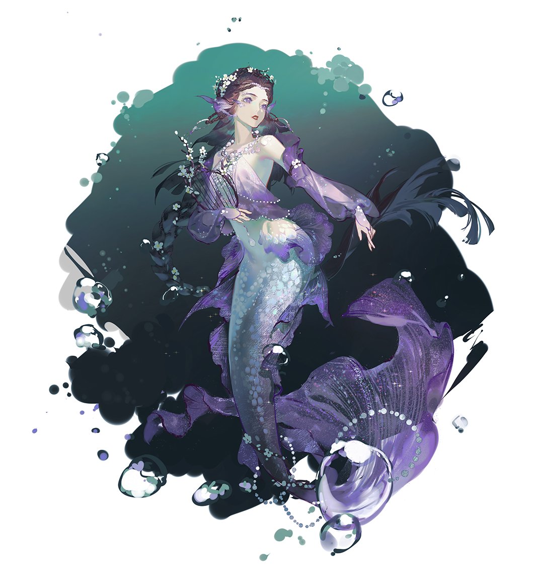 1girl air_bubble black_hair braid braided_ponytail breasts bubble full_body head_fins jewelry long_hair mermaid monster_girl navel necklace original see-through see-through_sleeves small_breasts solo very_long_hair violet_eyes zzzi_gn