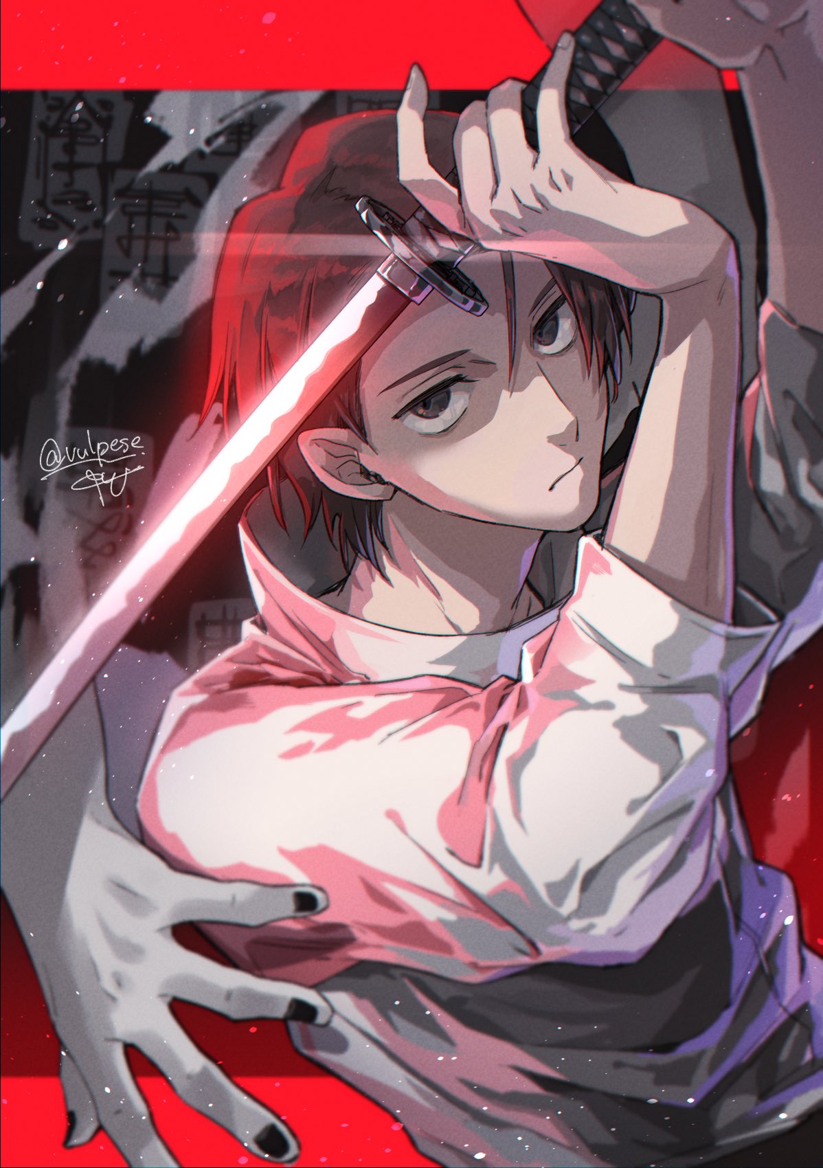 1boy 1other arm_up black_eyes black_nails brown_hair closed_mouth colored_skin fighting_stance fingernails grey_skin hair_between_eyes highres holding holding_sword holding_weapon jujutsu_kaisen katana kuyuu_(somari) lens_flare light_particles looking_at_viewer male_focus okkotsu_yuuta signature smoke sword talisman twitter_username weapon