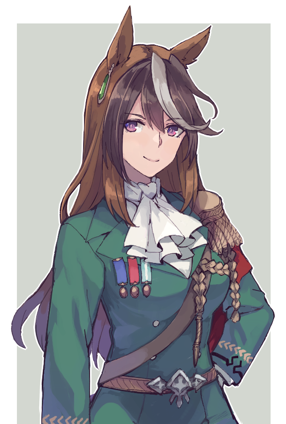 1girl animal_ears ascot belt border brown_hair buttons closed_mouth double-breasted earrings epaulettes green_jacket hand_on_hip horse_ears horse_girl jacket jewelry kusanagi_kaoru long_hair long_sleeves looking_at_viewer medal military military_uniform multicolored_hair sam_browne_belt single_earring single_epaulette solo streaked_hair symboli_rudolf_(umamusume) umamusume uniform very_long_hair violet_eyes white_ascot white_border