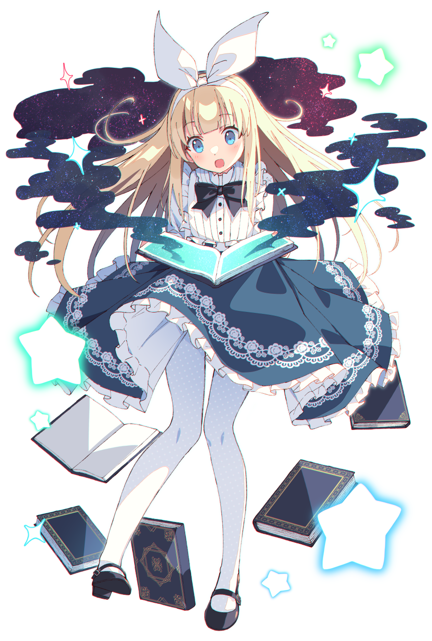 1girl :o alice_in_wonderland bangs black_footwear blonde_hair blue_eyes blue_skirt blunt_bangs book bow_hairband dot_nose dress floating floating_book floating_object frilled_dress frilled_skirt frills hairband halftone highres lace-trimmed_skirt lace_trim long_hair mary_janes open_book open_mouth original pantyhose shoes sidelocks simple_background skirt solo sparkle standing standing_on_one_leg star_(symbol) white_background white_dress white_hairband white_pantyhose zoirun