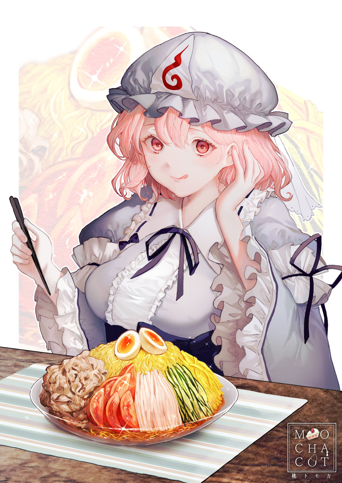 1girl :q artist_name bangs black_ribbon blue_headwear blue_kimono bowl breasts center_frills chopsticks closed_mouth commentary_request food food-themed_background frilled_kimono frilled_shirt_collar frilled_sleeves frills hand_up hat highres holding holding_chopsticks japanese_clothes kimono long_sleeves medium_hair mob_cap mochacot mushroom neck_ribbon noodles obi pink_hair red_eyes ribbon ribbon_trim saigyouji_yuyuko sash smile solo table tomato tomato_slice tongue tongue_out touhou triangular_headpiece upper_body wavy_hair wide_sleeves zucchini_(vegetable)