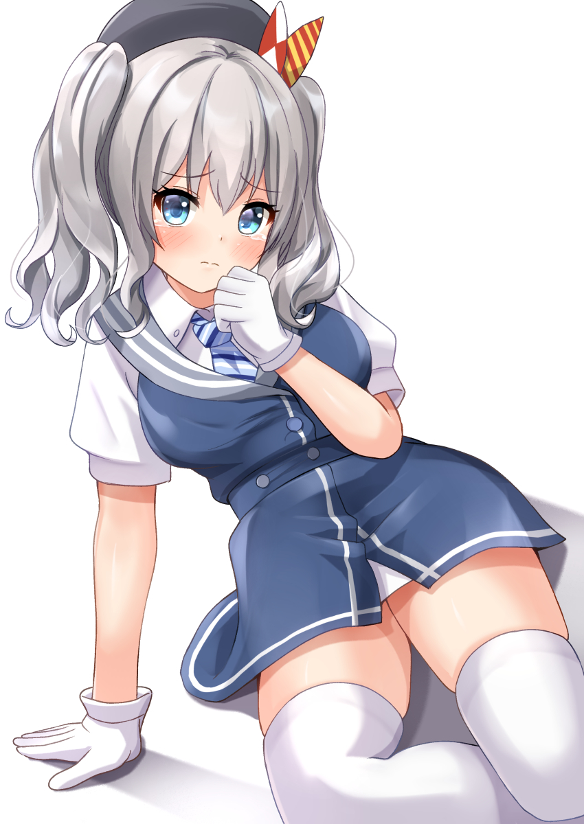 1girl arm_support beret black_headwear blue_dress blue_eyes comiching cosplay dress gloves grey_hair grey_sailor_collar hat highres kantai_collection kashima_(kancolle) necktie sailor_collar shirt sidelocks solo striped_necktie thigh-highs twintails ukuru_(kancolle) ukuru_(kancolle)_(cosplay) wavy_hair white_gloves white_shirt white_thighhighs