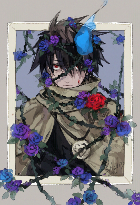 1boy black_hair blood blood_on_face blue_fire blue_flower blue_rose border cloak closed_mouth dated fire flame flower grey_border grey_cloak hair_between_eyes looking_at_viewer male_focus picture_frame plant purple_flower purple_rose red_eyes red_flower red_rose rose ross_(senyuu) sen'yuu. shatin_(pomelomcp) signature solo spiky_hair thorns vines
