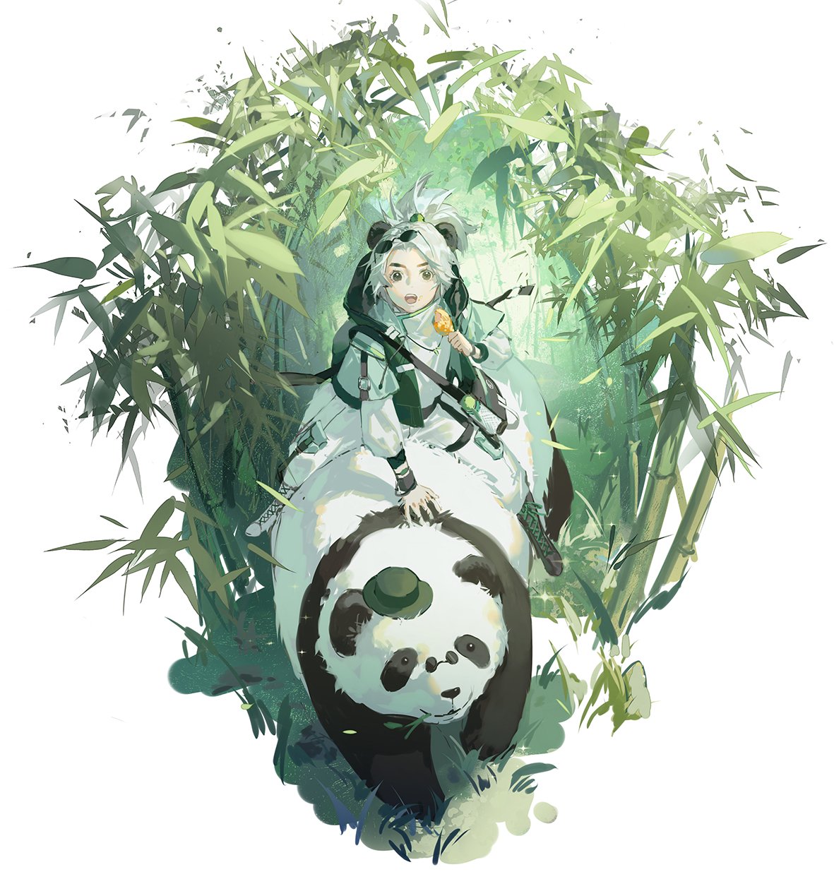 1boy animal_ears asymmetrical_footwear bamboo bamboo_forest bear_ears boots brown_eyes chicken_leg cross-laced_footwear eyewear_on_head forest highres hood hoodie male_focus mismatched_footwear nature original panda ponytail pouch riding solo sunglasses white_hair zzzi_gn