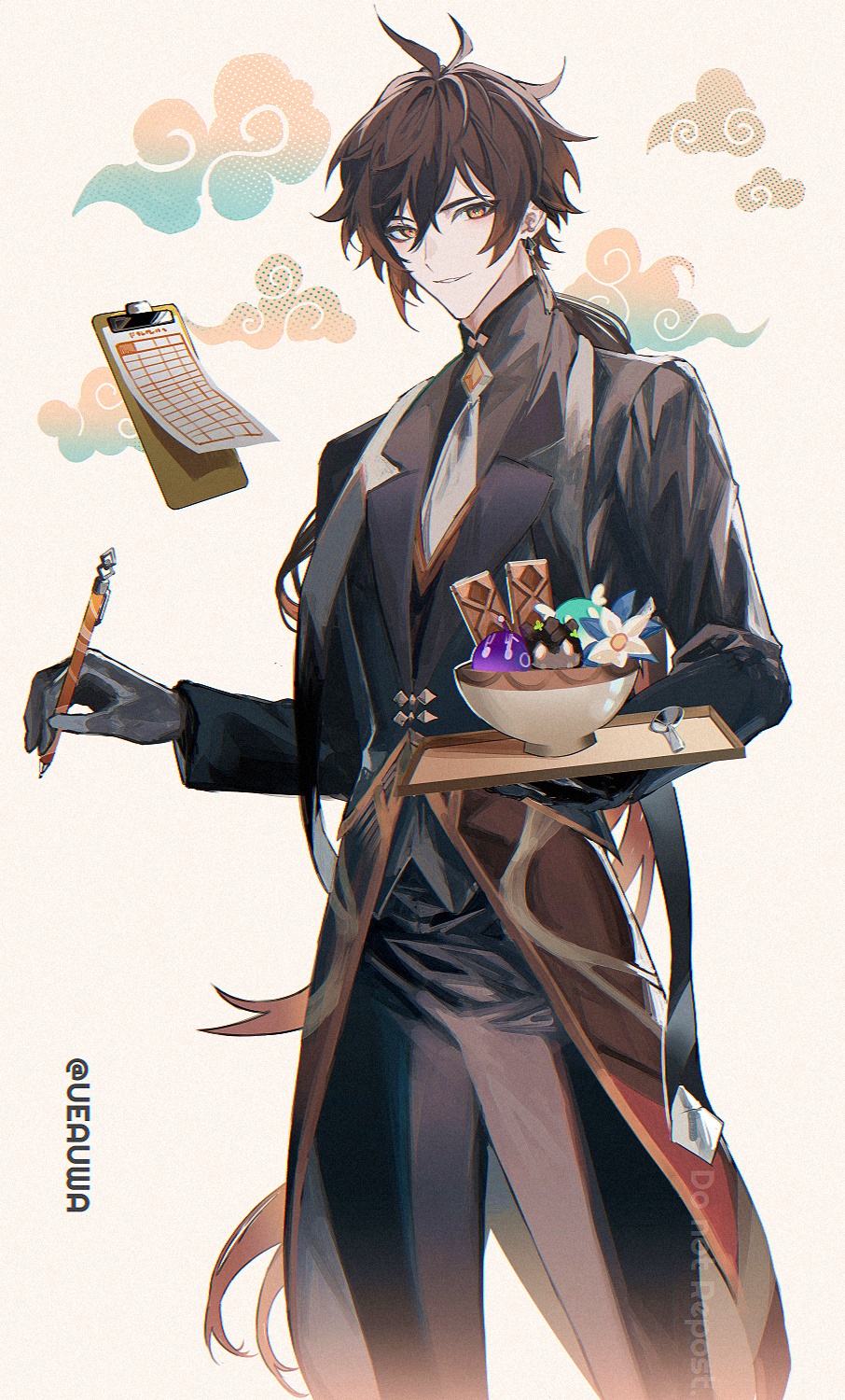 1boy antenna_hair bangs black_gloves black_pants black_vest blush bowl butler clipboard closed_mouth earrings genshin_impact glaze_lily gloves gradient_hair hair_between_eyes highres holding holding_pen holding_tray jewelry long_sleeves looking_at_viewer low_ponytail male_focus multicolored_hair orange_eyes orange_hair pants pen single_earring slime_(genshin_impact) smile solo spoon tassel tassel_earrings tray twitter_username ueauwa vest zhongli_(genshin_impact)