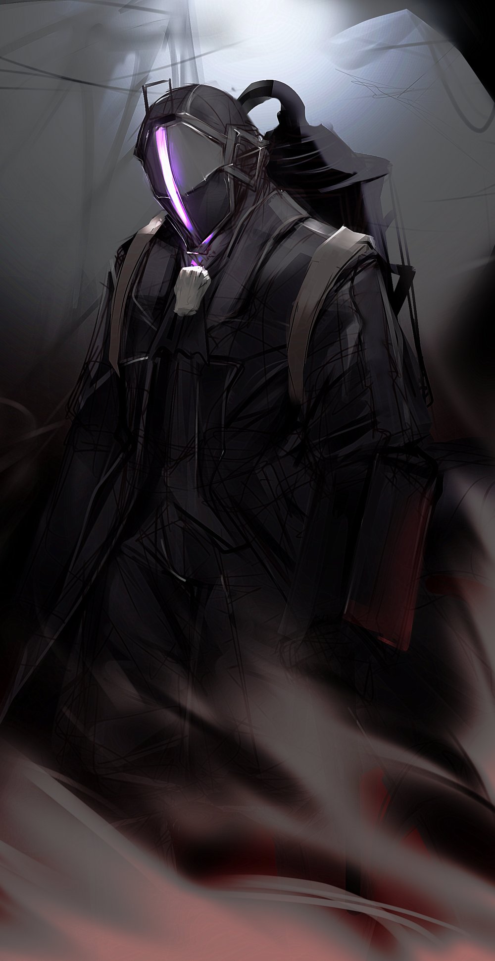 1boy armor black_coat black_pants black_suit bondrewd canister coat doryudory feet_out_of_frame formal full_armor helmet highres made_in_abyss male_focus overcoat pants solo suit whistle