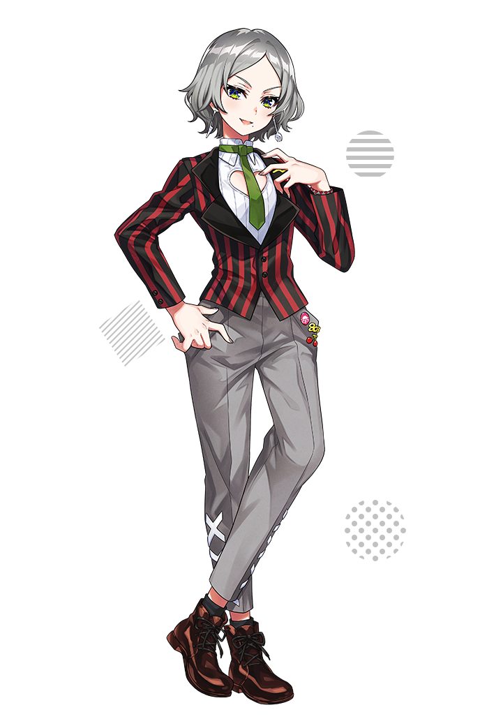 1girl bangs cleavage_cutout clothing_cutout denonbu earrings green_eyes grey_hair haijima_ginka jacket jewelry long_sleeves looking_at_viewer mika_pikazo necktie official_art open_mouth pants shoes short_hair smile sneakers solo