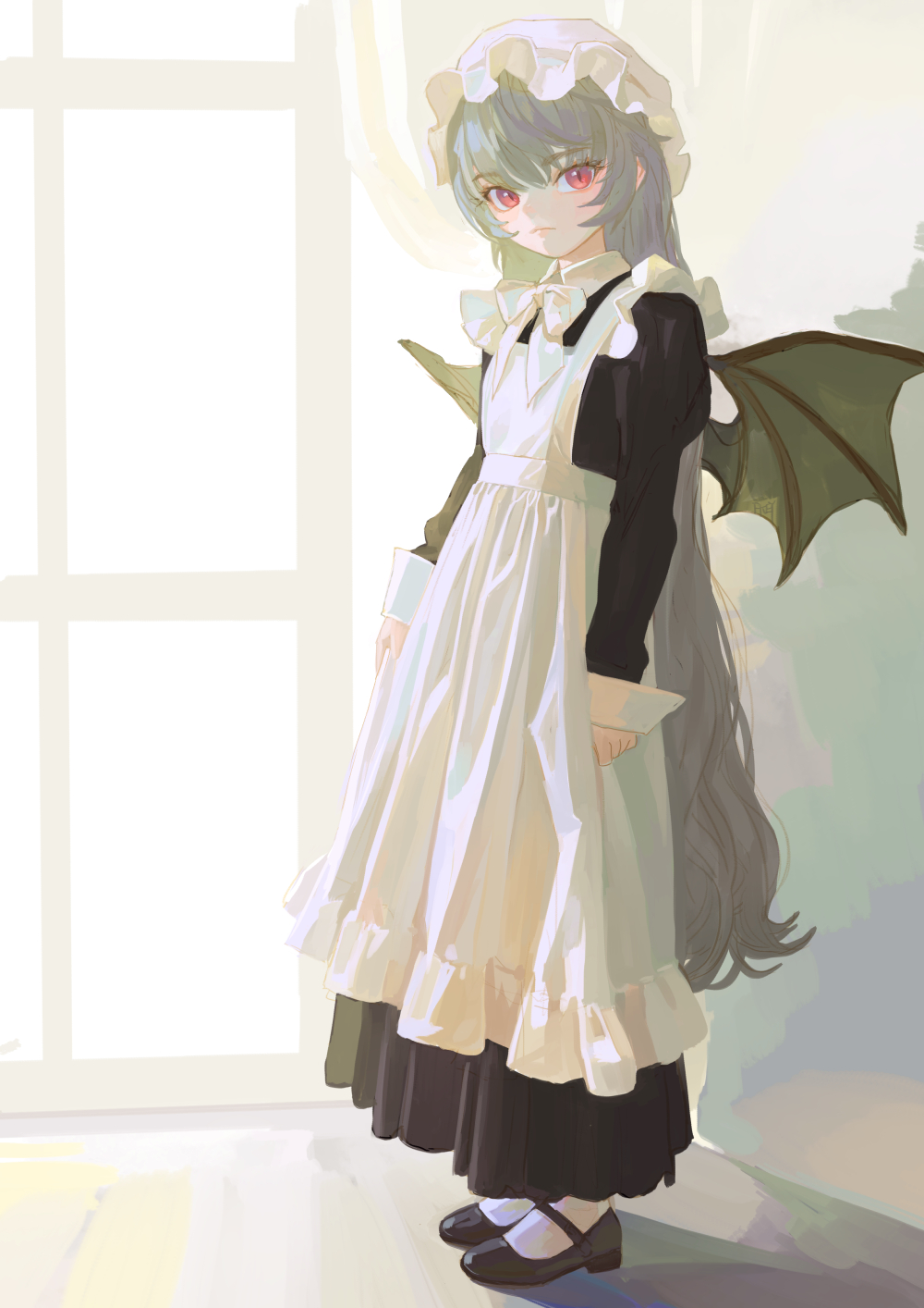 1girl alternate_costume alternate_hair_length alternate_hairstyle apron arms_at_sides bat_wings black_dress black_footwear blue_hair blush bow bowtie commentary dress enmaided fkey full_body hair_between_eyes hat highres long_hair long_sleeves looking_at_viewer maid maid_apron mary_janes mob_cap red_eyes remilia_scarlet shoes sleeve_cuffs sleeves_past_wrists slit_pupils socks solo standing symbol-only_commentary touhou very_long_hair white_apron white_bow white_bowtie white_headwear white_socks wings
