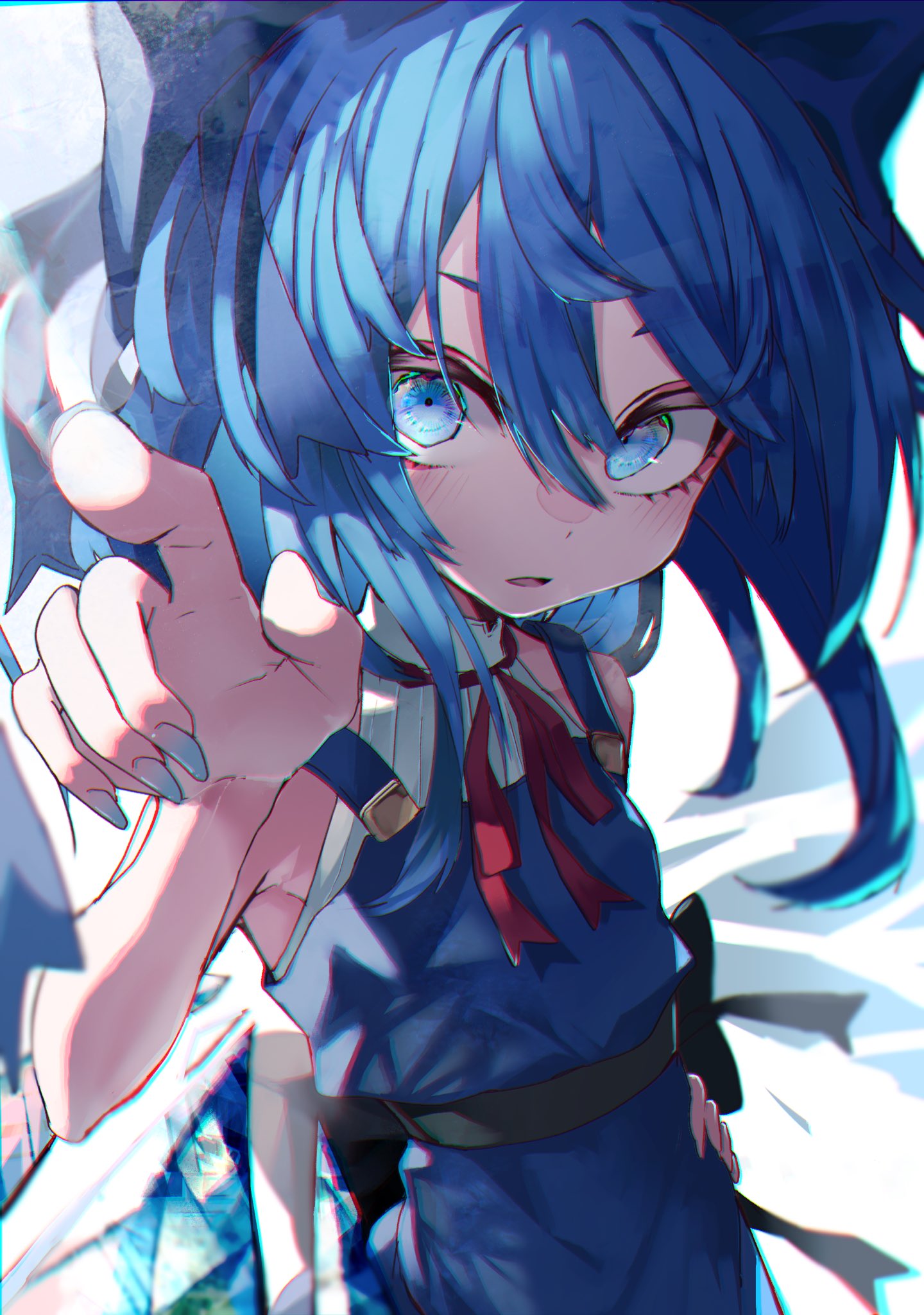 1girl adapted_costume blue_bow blue_dress blue_eyes blue_hair blurry bow cirno dress foreshortening hair_bow hand_on_hip highres ice muraryo neck_ribbon pinafore_dress pointing red_ribbon ribbon short_sleeves solo touhou wings