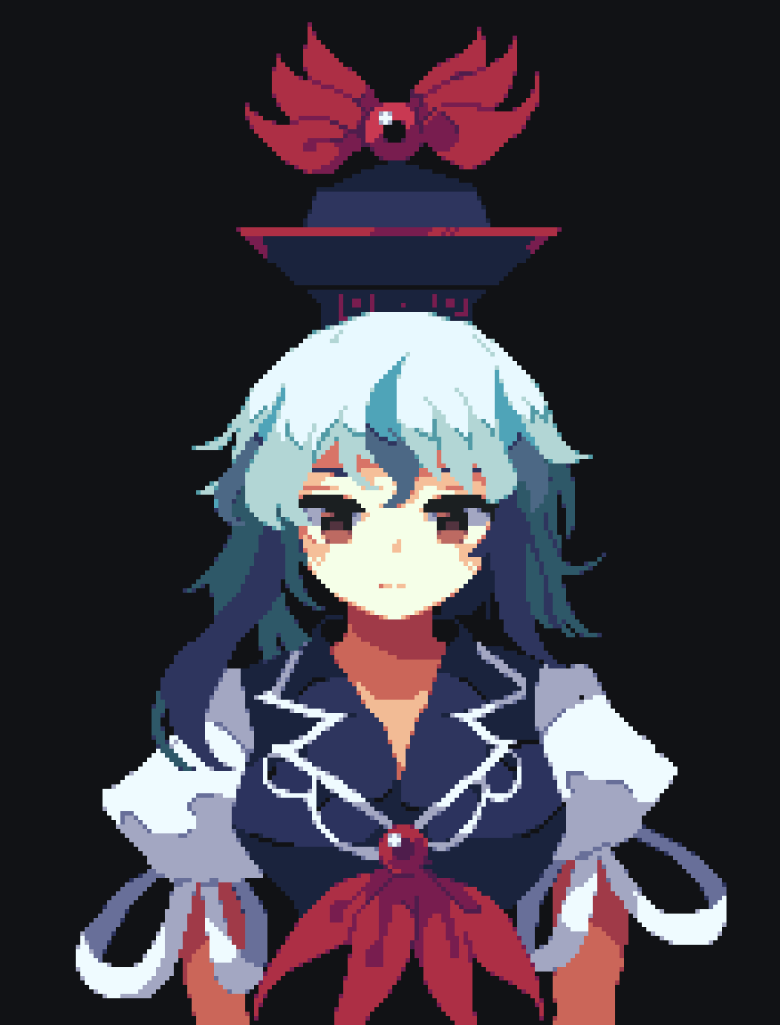 1girl 4qw5 bangs black_background blue_hair blue_headwear brown_eyes closed_mouth kamishirasawa_keine long_hair looking_at_viewer multicolored_hair pixel_art puffy_short_sleeves puffy_sleeves short_sleeves simple_background solo streaked_hair touhou upper_body white_hair