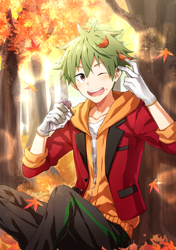 1boy akiyama_hayato autumn autumn_leaves gloves green_hair hair_between_eyes hood hoodie idolmaster idolmaster_side-m leaf male_focus nesuop_(sm_nesuop) one_eye_closed open_mouth orange_hoodie pants solo striped striped_pants teeth white_gloves zipper