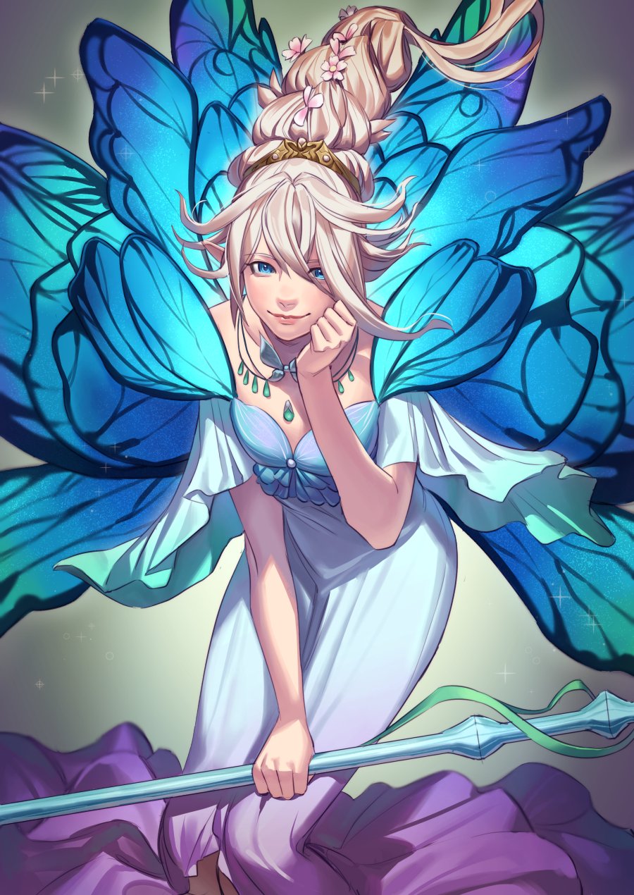 1other androgynous aqua_gemstone bangs blonde_hair blue_dress blue_eyes blue_wings bow bowtie braid braided_ponytail butterfly_wings commentary crossed_bangs dress fairy feet_out_of_frame final_fantasy final_fantasy_xiv floating flower gradient gradient_background gradient_dress grey_background hair_flower hair_ornament hand_on_own_cheek hand_on_own_face hand_up highres holding holding_staff holding_weapon jewelry leaning_forward legs_together long_hair looking_at_viewer mella off-shoulder_dress off_shoulder pendant pointy_ears purple_dress single_braid smile solo sparkle staff standing tiara titania_(final_fantasy) weapon wide_sleeves wings