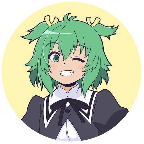 1girl ;d antenna_hair assault_lily bangs black_ribbon buttons circle commentary cropped_jacket fang green_eyes green_hair grin hair_between_eyes hair_ribbon light_blush looking_at_viewer lowres masaki_itsuki neck_ribbon one_eye_closed puffy_sleeves ribbon round_image school_uniform shirt short_hair simple_background smile solo transparent_background two_side_up upper_body white_shirt yellow_background yellow_ribbon yoshimura_thi_mai yurigaoka_girls_academy_school_uniform