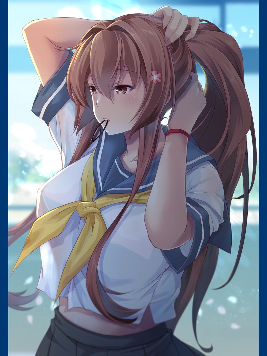 1girl blue_sailor_collar brown_hair cherry_blossoms cosplay flower hair_flower hair_ornament hamakaze_(kancolle) hamakaze_(kancolle)_(cosplay) highres holding holding_hair kantai_collection long_hair map_(blue_catty) mouth_hold neckerchief ponytail rubber_band sailor_collar school_uniform serafuku solo upper_body yamato_(kancolle) yellow_neckerchief