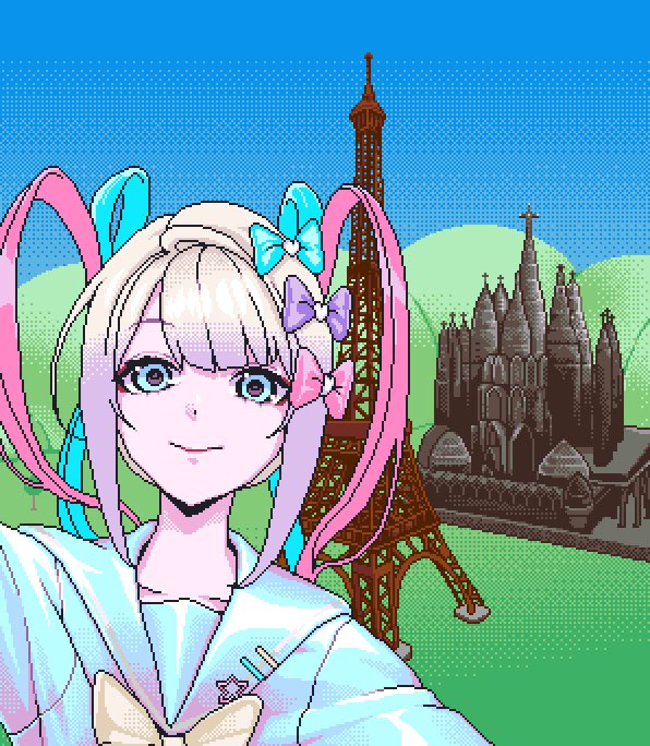 1girl blonde_hair blue_bow blue_eyes blue_hair blue_sailor_collar blue_serafuku blue_shirt bow bowtie chouzetsusaikawa_tenshi-chan closed_mouth eencya eiffel_tower hair_bow looking_at_viewer mark_elliot_zuckerberg multiple_hair_bows needy_girl_overdose parody pink_bow pink_hair pixel_art purple_bow quad_tails sailor_collar school_uniform serafuku shirt smile solo star_ornament yellow_bow yellow_bowtie