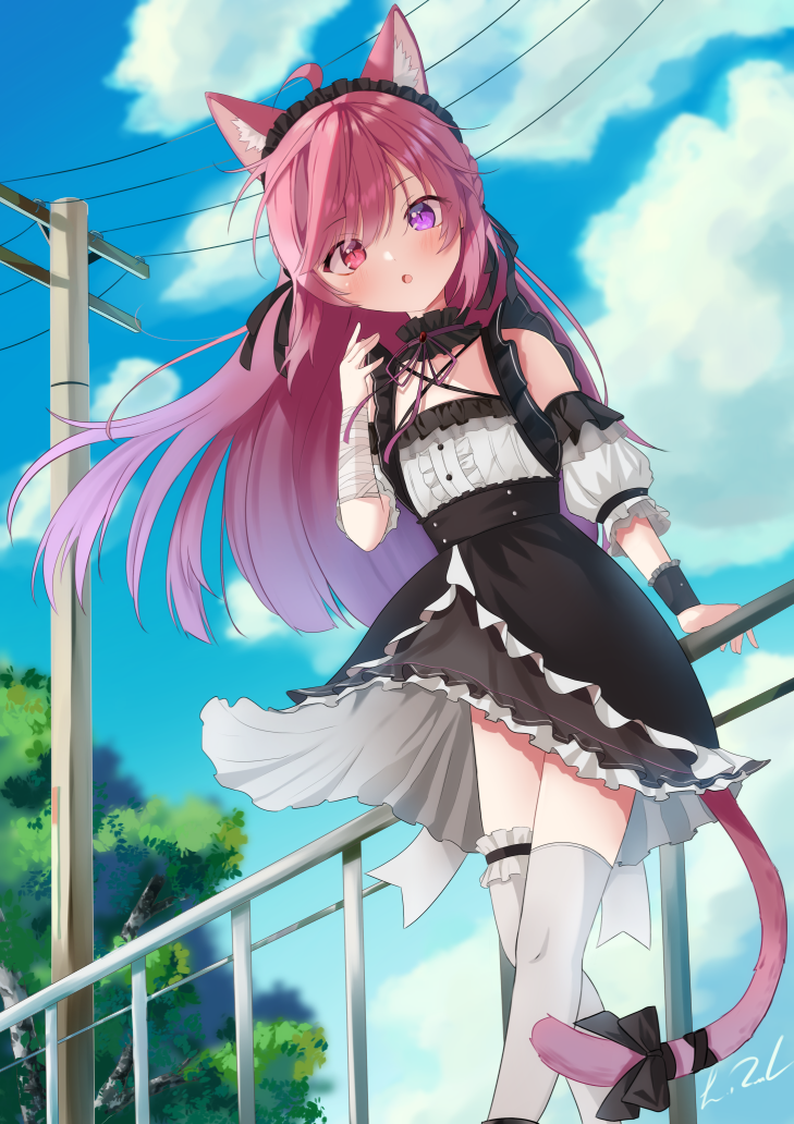 1girl :o ahoge animal_ear_fluff animal_ears asymmetrical_legwear bandaged_arm bandages bare_shoulders black_choker black_hairband black_skirt blush bow braid cat_ears cat_girl cat_tail center_frills choker detached_sleeves feet_out_of_frame french_braid frilled_choker frilled_hairband frilled_shirt frills hairband heterochromia high-waist_skirt indie_virtual_youtuber leaning_on_rail lolita_hairband long_hair looking_at_viewer lukas_reule mikeneko_(utaite) miniskirt out_of_frame puffy_detached_sleeves puffy_short_sleeves puffy_sleeves red_eyes redhead ribbon shirt short_sleeves skirt sleeveless sleeveless_shirt solo straight_hair tail tail_bow tail_ornament tail_ribbon thigh-highs v-shaped_eyebrows violet_eyes virtual_youtuber white_skirt white_thighhighs wrist_cuffs