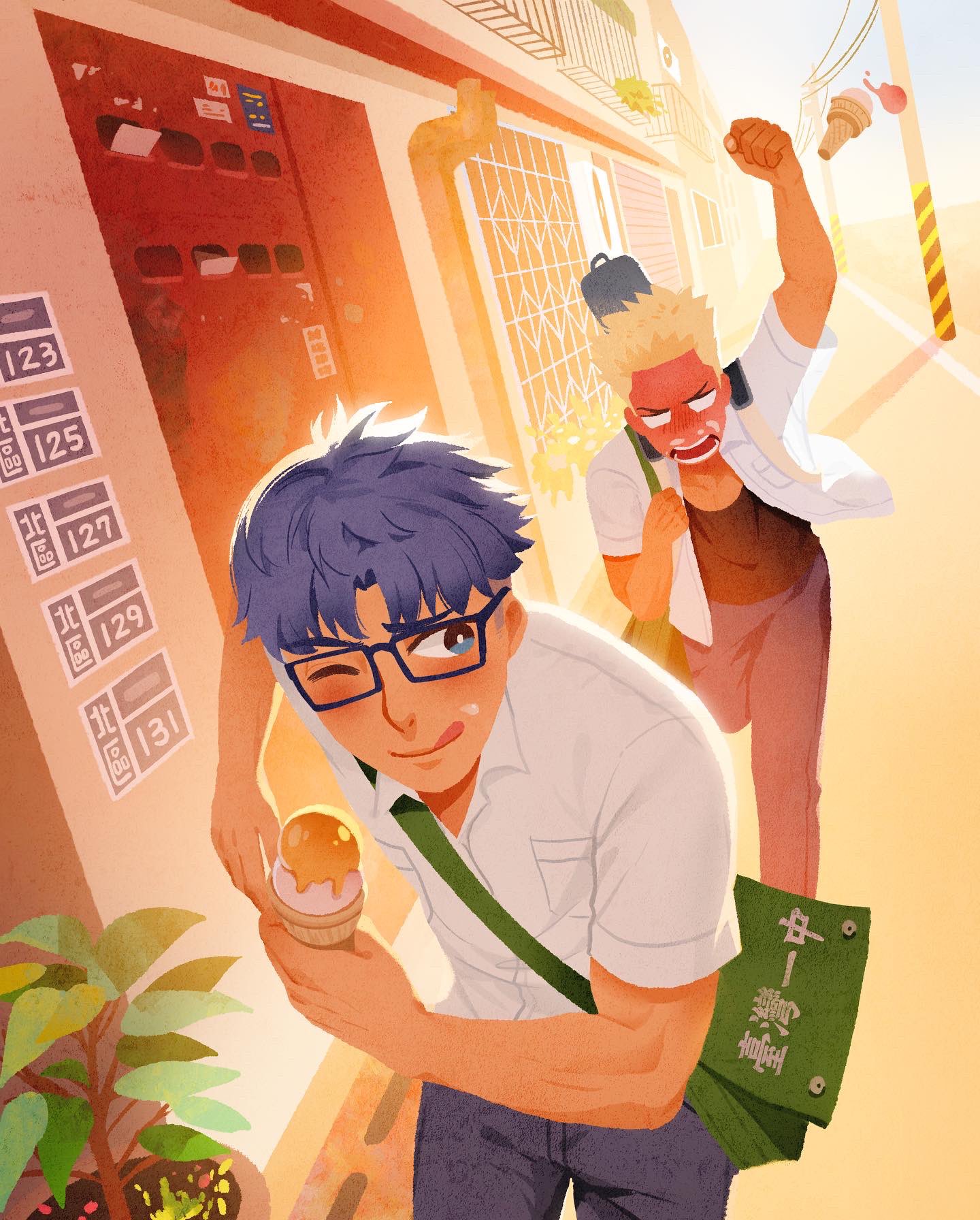 2boys bag black_pants black_tank_top blonde_hair blue_hair blush chasing fleeing food food_on_face gaydio_zrong glasses highres holding holding_food ice_cream ice_cream_cone male_focus multiple_boys open_clothes open_mouth open_shirt original outdoors pants running shirt short_hair shoulder_bag smile sunset tank_top tongue tongue_out undercut white_shirt