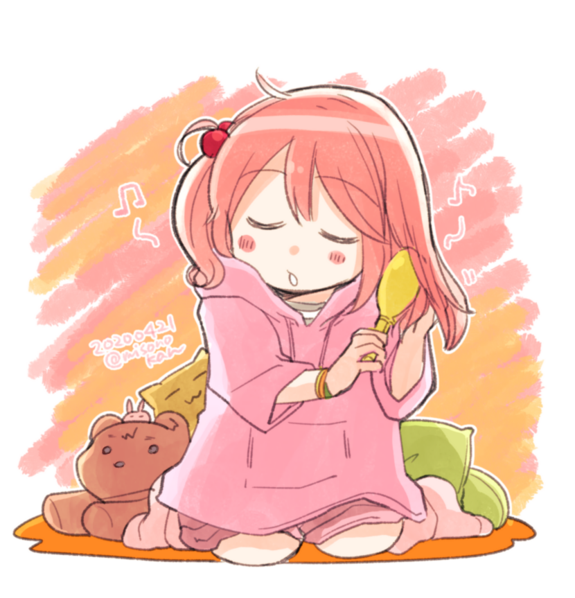 1girl alternate_costume brushing_hair closed_eyes dated drawstring hair_bobbles hair_brush hair_ornament hood hooded_sweater hoodie izumiyamisono kantai_collection medium_hair one_side_up pillow pink_hair pink_shorts pink_socks pink_sweater rabbit sazanami_(kancolle) shorts sleepwear socks stuffed_animal stuffed_toy sweater teddy_bear twitter_username