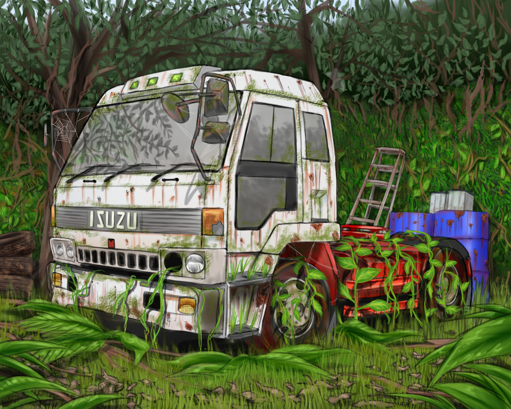 abandoned commentary_request drum_(container) grass ground_vehicle isuzu_motors ladder motor_vehicle nanohapoi no_humans original outdoors overgrown rust semi_truck tire tree truck vehicle_focus vehicle_request