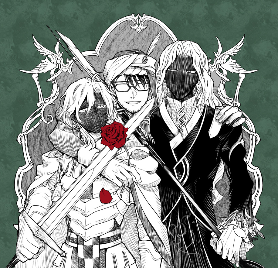 3boys arm_around_shoulder armor bangs cloak coat constantine_xi_(fate) crossed_swords curtained_hair earrings eyes_in_shadow facial_hair fate/grand_order fate_(series) flower framed glasses gloves green_background greyscale grin hair_between_eyes hand_on_another's_shoulder hat_feather heki0529 holding holding_flower holding_polearm holding_sword holding_weapon jewelry long_hair looking_at_another male_focus mehmed_ii_(fate) monochrome multiple_boys opaque_glasses petals polearm red_flower red_rose rose shaded_face sideways_glance smile spot_color stubble sweater swept_bangs sword tassel turban turtleneck turtleneck_sweater upper_body vlad_iii_(fate/apocrypha) weapon