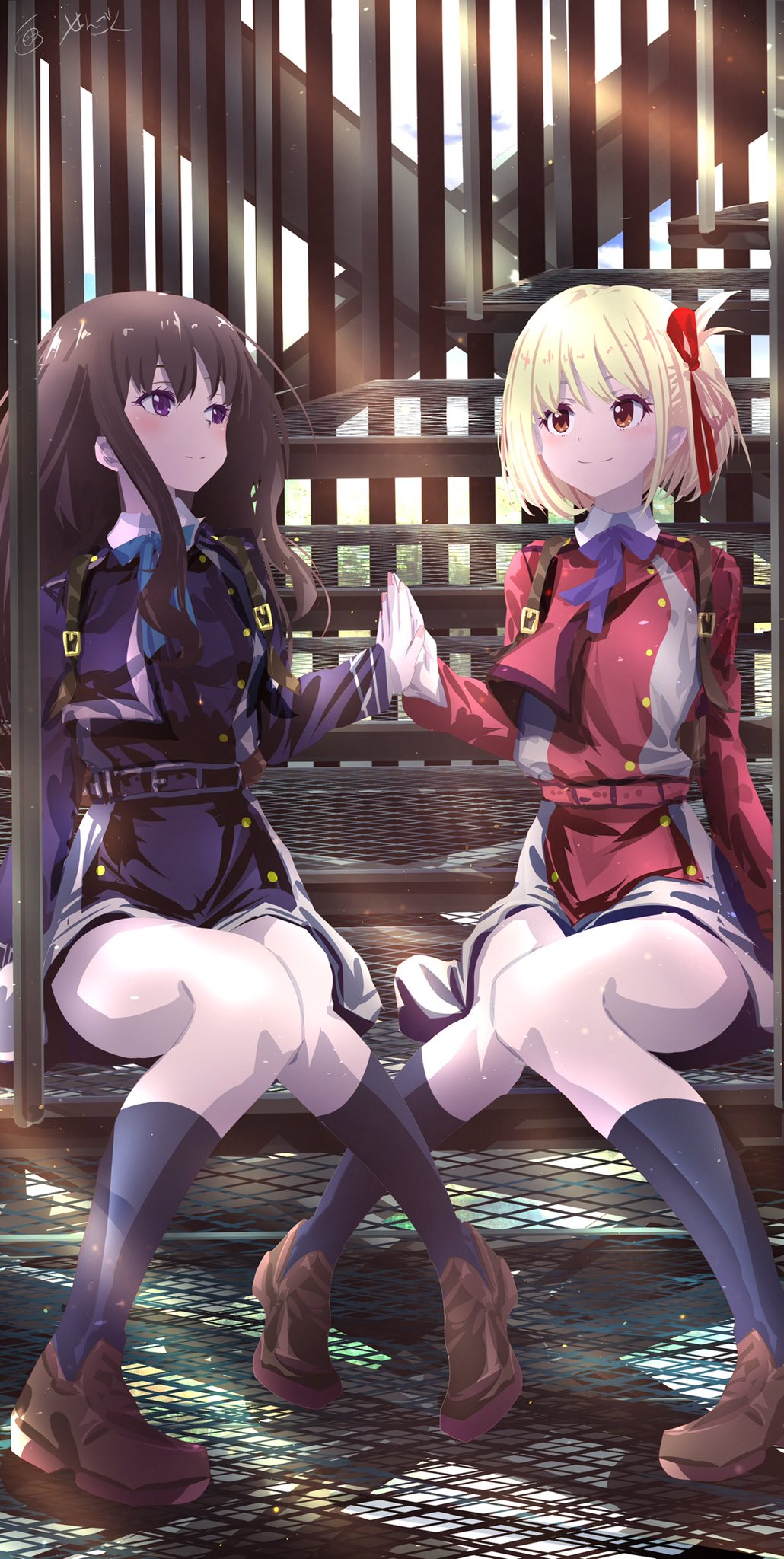 2girls absurdres bangs belt black_hair blonde_hair blue_dress blue_ribbon blush bob_cut closed_mouth collared_shirt commentary_request dress green_ribbon grey_dress hair_ribbon highres inoue_takina long_hair long_sleeves looking_at_viewer lycoris_recoil lycoris_uniform multiple_girls neck_ribbon nishikigi_chisato pleated_dress red_belt red_dress red_eyes red_ribbon ribbon school_uniform sengokuchidori shirt short_hair smile teeth two-tone_dress violet_eyes white_shirt