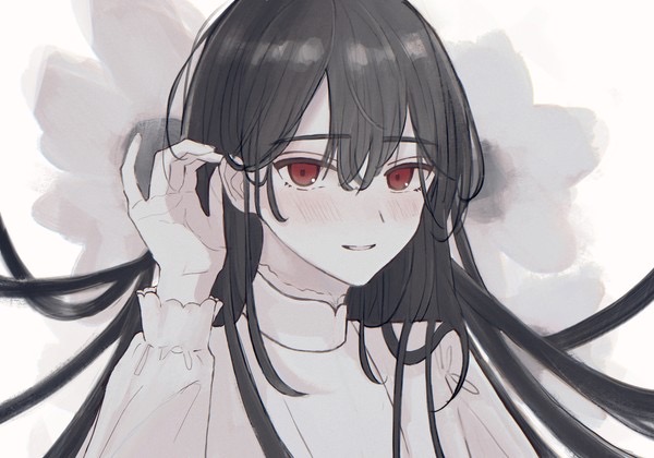 1boy androgynous black_hair grey_background hair_tucking long_hair long_sleeves looking_at_viewer male_focus multicolored_background niufog original red_eyes shirt smile solo teeth white_background white_shirt