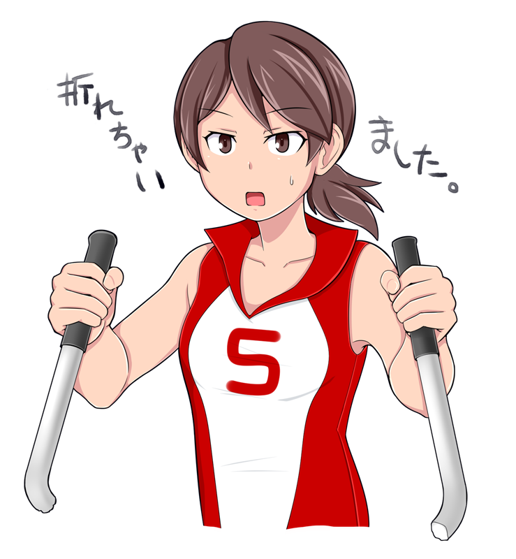 1girl bangs brown_eyes brown_hair commentary cropped_torso girls_und_panzer kawanishi_shinobu looking_at_viewer open_mouth red_shirt shirt short_hair short_ponytail simple_background sleeveless sleeveless_shirt solo sportswear sweatdrop swept_bangs tanaka_rikimaru translated upper_body volleyball_uniform white_background