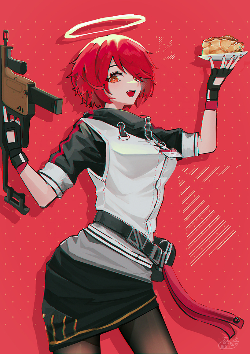 1girl :d apple_pie arknights bangs black_gloves black_skirt brown_pantyhose exusiai_(arknights) fingerless_gloves food gloves gun hair_over_one_eye halo holding holding_gun holding_plate holding_weapon jacket kriss_vector m93r_rei open_mouth pantyhose plate red_background red_eyes redhead short_hair short_sleeves skirt smile solo submachine_gun trigger_discipline weapon white_jacket