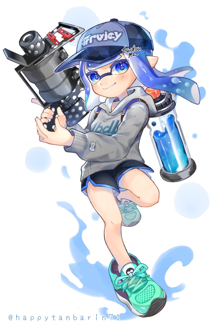 1girl aqua_footwear bangs black_shorts blue_eyes blue_hair blue_headwear full_body grey_hoodie hat holding holding_water_gun hood hoodie ink_tank_(splatoon) inkling inkling_girl leg_up long_sleeves looking_at_viewer pointy_ears shoes short_shorts shorts simple_background smile sneakers solo splatoon_(series) splatoon_2 tambarin_inoue tentacle_hair water_gun white_background