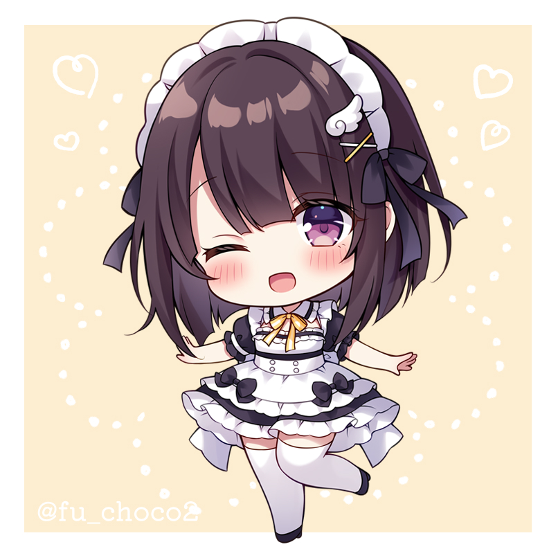 1girl ;d apron bangs black_bow black_dress black_footwear blush bow brown_background brown_hair chibi commentary_request dotted_line dress frilled_apron frills full_body hair_between_eyes hair_bow hair_ornament hairclip heart high_heels looking_at_viewer maid maid_headdress mitsuba_choco one_eye_closed original puffy_short_sleeves puffy_sleeves shoes short_sleeves smile solo standing standing_on_one_leg thigh-highs twitter_username two-tone_background violet_eyes white_apron white_background white_thighhighs wing_hair_ornament x_hair_ornament yellow_bow