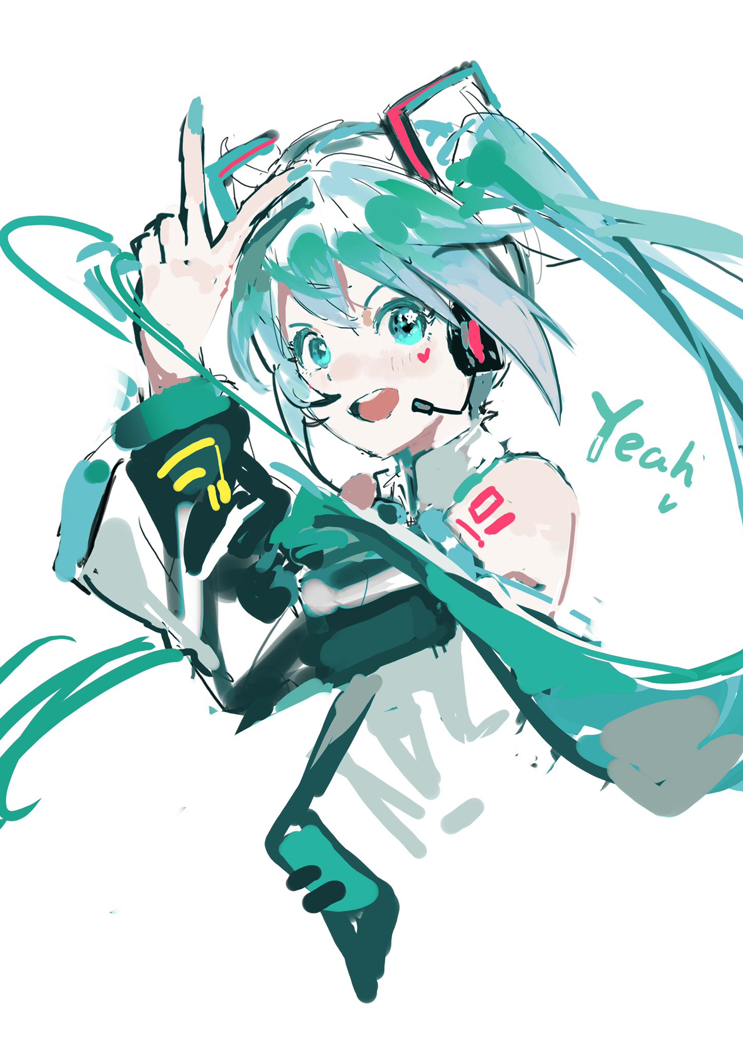 1girl aqua_eyes aqua_hair aqua_nails bare_shoulders blush english_text facial_mark fingernails green_necktie grey_background hair_between_eyes hatsune_miku headphones heart heart_facial_mark highres jiuyesang long_hair microphone necktie open_mouth round_teeth simple_background sketch solo star_(symbol) star_in_eye symbol_in_eye teeth tongue twintails upper_body upper_teeth v very_long_hair vocaloid