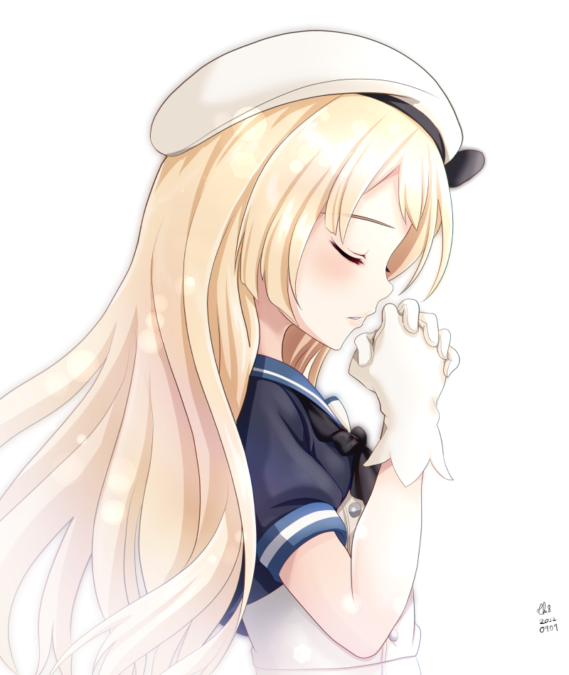 1girl artist_name blonde_hair blue_sailor_collar blush closed_eyes dated dress elizabeth_ii from_side gloves hat jervis_(kancolle) kantai_collection long_hair open_mouth own_hands_clasped own_hands_together praying sailor_collar sailor_dress sailor_hat short_sleeves signature simple_background solo tk8d32 upper_body white_background white_dress white_gloves white_headwear