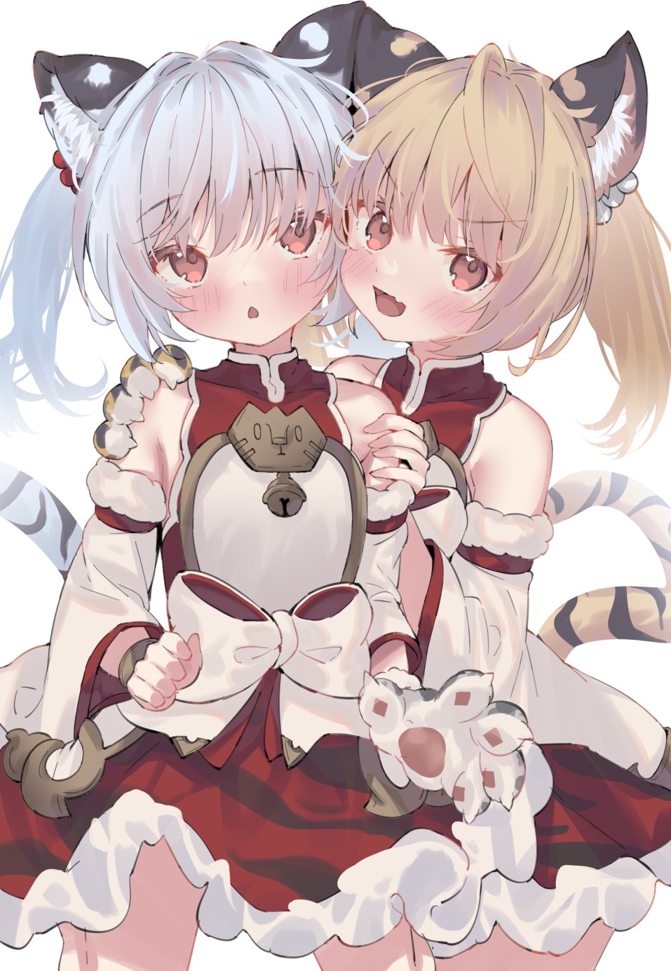 2girls ahoge animal_ears animal_hands bai_(granblue_fantasy) bare_legs bare_shoulders bell blonde_hair blue_hair bow dress eip_(pepai) erune gloves highres huang_(granblue_fantasy) multiple_girls orange_eyes paw_gloves short_dress tail tiger_ears tiger_girl tiger_tail twintails wide_sleeves