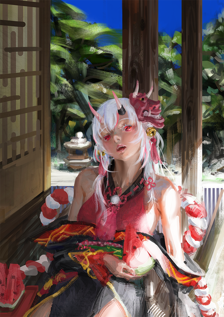 1girl bell black_kimono cpfeng food fruit hair_bell hair_ornament hololive horns japanese_clothes kimono looking_at_viewer mask mask_on_head multicolored_hair nakiri_ayame off_shoulder oni oni_horns oni_mask open_mouth red_eyes sitting skin-covered_horns solo streaked_hair virtual_youtuber watermelon white_hair