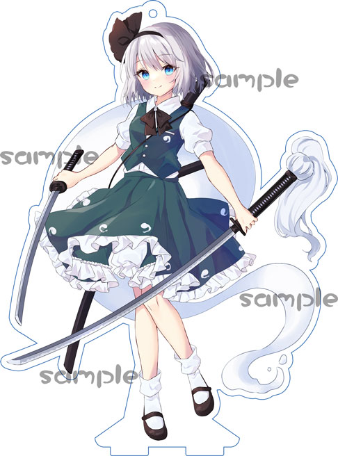1girl black_bow black_bowtie black_footwear black_hairband blue_eyes bow bowtie breasts closed_mouth collared_shirt dual_wielding frilled_skirt frills full_body green_skirt green_vest grey_hair hairband hitodama hitodama_print holding holding_sword holding_weapon katana konpaku_youmu looking_at_viewer mary_janes print_skirt print_vest puffy_short_sleeves puffy_sleeves sample_watermark sheath shirt shoes short_hair short_sleeves skirt skirt_set small_breasts smile socks solo sword tamanotsuyu touhou vest weapon white_shirt white_socks