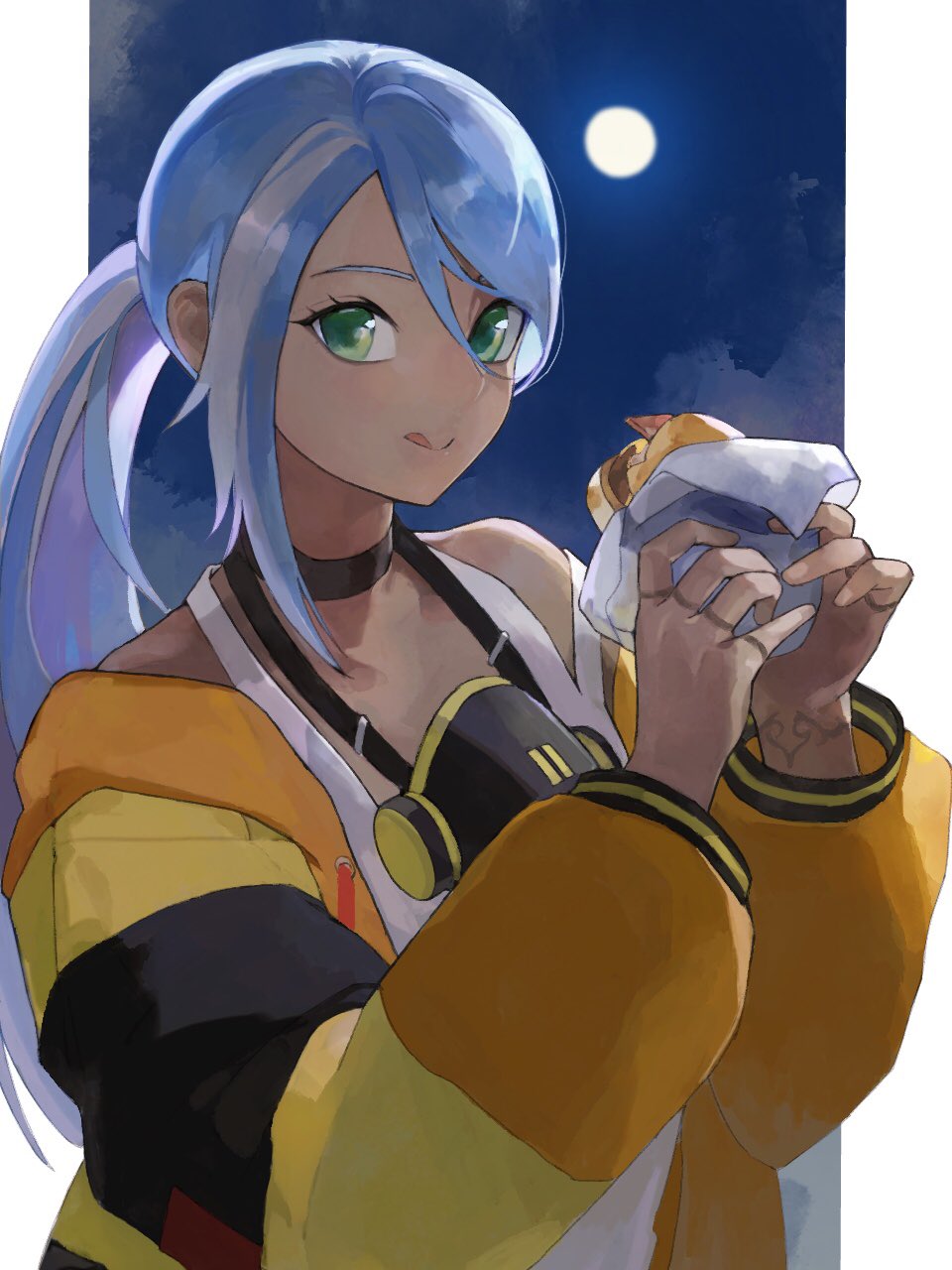 1girl :q bangs blue_hair breasts burger dark-skinned_female dark_skin eating fast_food finger_tattoo food green_eyes highres holding holding_food isla_(kof) lettuce licking_lips light_blue_hair long_hair looking_at_viewer mask mask_around_neck meat multicolored_hair oni_gini oversized_clothes ponytail respirator smile solo streaked_hair tank_top tattoo the_king_of_fighters the_king_of_fighters_xv tongue tongue_out