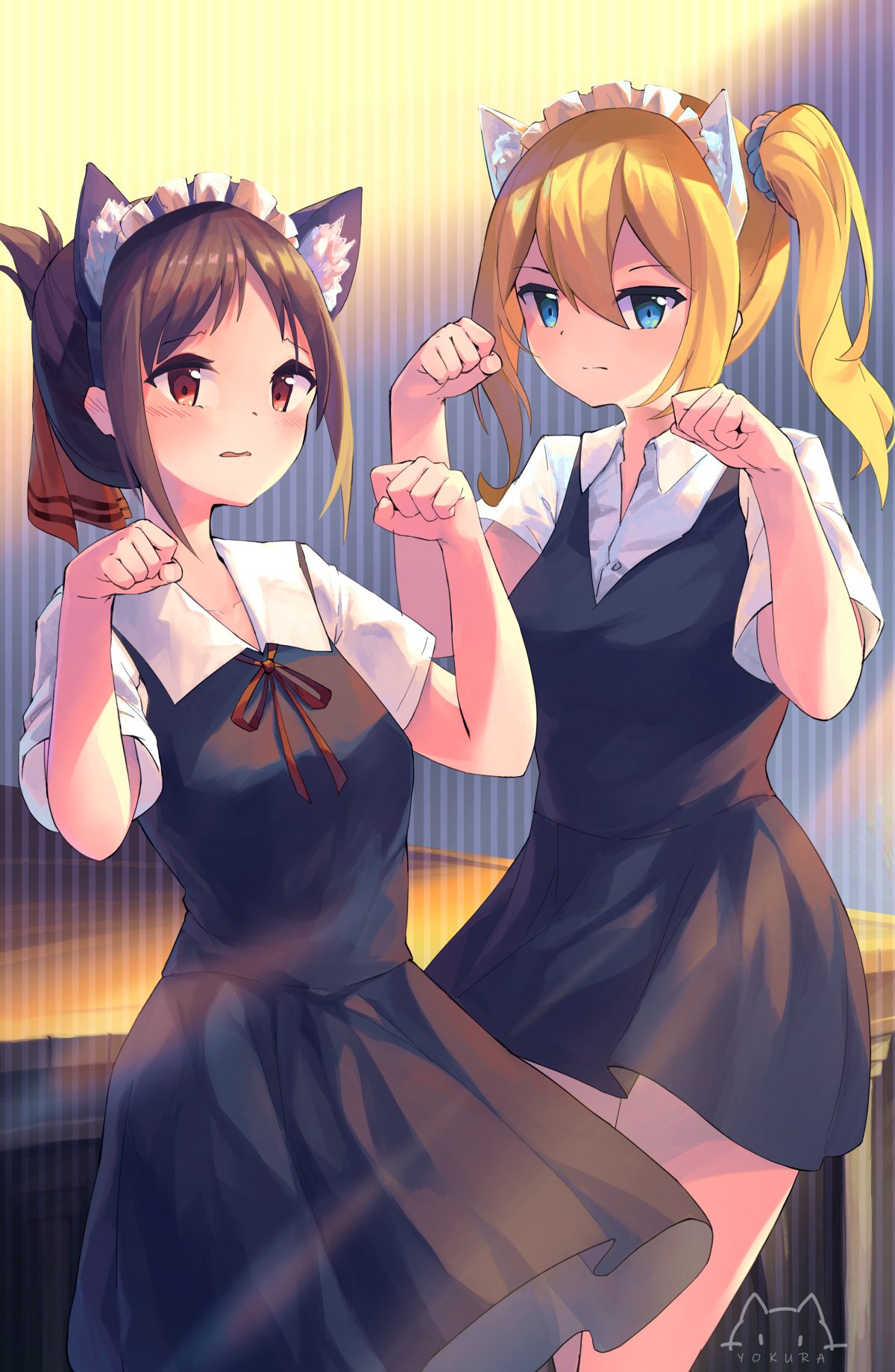 2girls animal_ears artist_name bangs black_hair blonde_hair cat_ears fake_animal_ears hair_between_eyes hair_ribbon hayasaka_ai highres kaguya-sama_wa_kokurasetai_~tensai-tachi_no_renai_zunousen~ looking_at_viewer multiple_girls parted_bangs paw_pose red_eyes red_ribbon ribbon school_uniform shinomiya_kaguya shuuchiin_academy_school_uniform side_ponytail yokura_(yukilina)