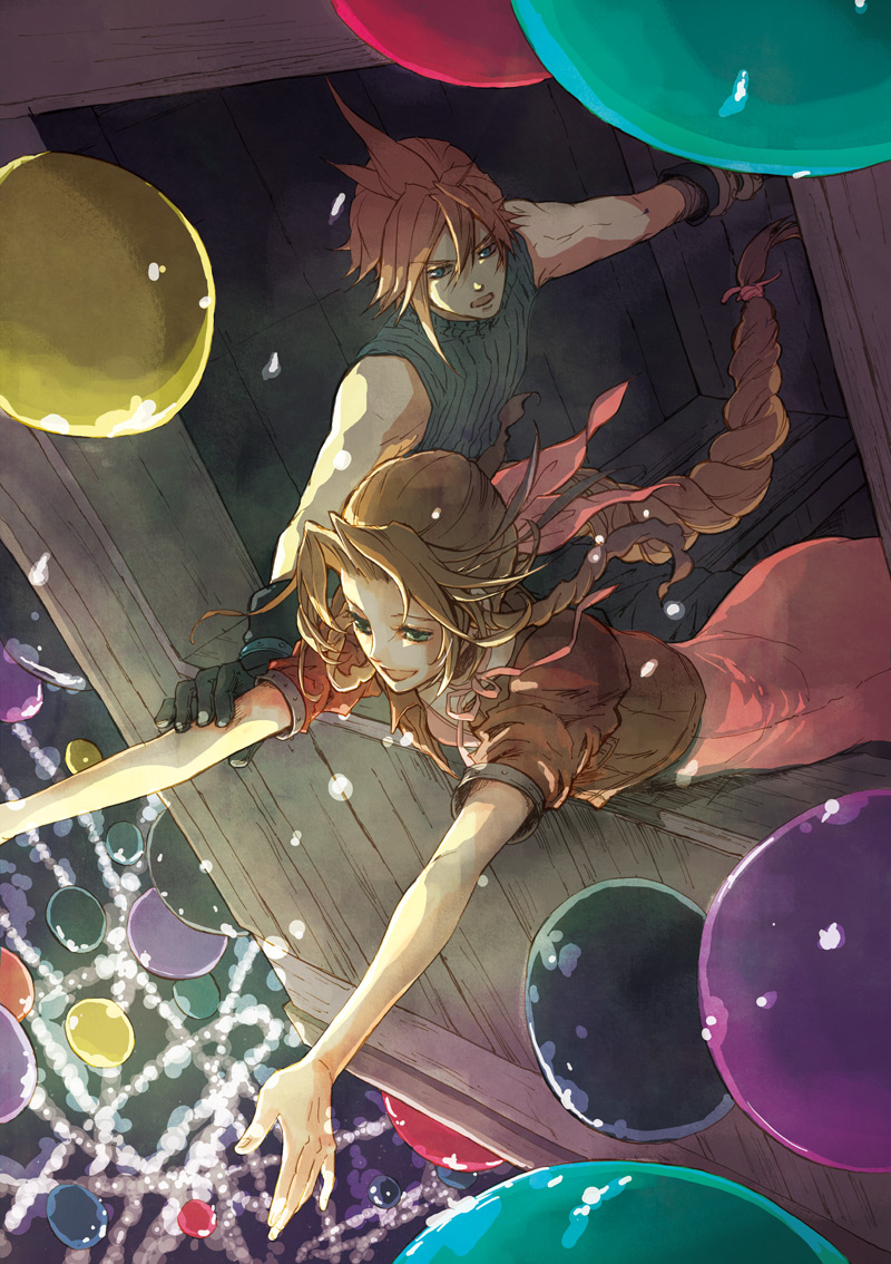 1boy 1girl aerith_gainsborough balloon bangs blonde_hair blue_eyes blue_shirt braid braided_ponytail breasts brown_hair choker cloud_strife cropped_jacket dress final_fantasy final_fantasy_vii gloves gondola green_eyes hair_between_eyes hair_ribbon hand_on_another's_arm jacket kiyose_nodoka leaning_forward long_hair looking_ahead looking_at_another medium_breasts open_mouth outstretched_arms parted_bangs pink_dress pink_ribbon puffy_short_sleeves puffy_sleeves red_jacket ribbon shirt short_hair short_sleeves sidelocks sleeveless sleeveless_turtleneck smile spiky_hair turtleneck upper_body