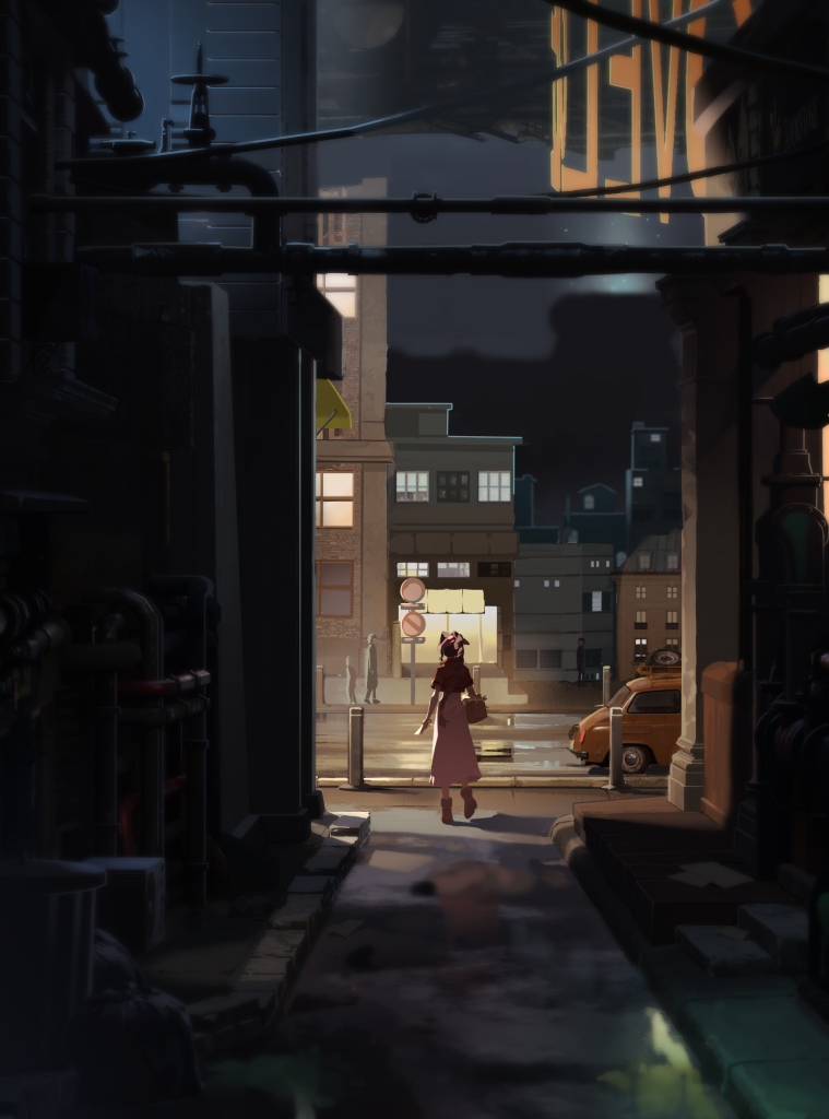 aerith_gainsborough alley basket boots braid braided_ponytail brown_hair building city cropped_jacket dress facing_away final_fantasy final_fantasy_vii final_fantasy_vii_remake full_body hair_ribbon holding holding_basket jacket lilith-lily long_dress outdoors people pink_dress power_lines red_jacket ribbon short_sleeves taxi walking