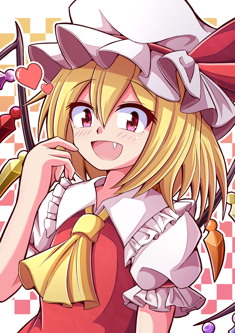 :d aospanking ascot blonde_hair checkered_background collared_shirt fang flandre_scarlet frilled_shirt_collar frilled_sleeves frills hair_between_eyes hat hat_ribbon heart looking_at_viewer medium_hair mob_cap multicolored_wings open_mouth pink_eyes puffy_short_sleeves puffy_sleeves red_ribbon red_vest ribbon shirt short_sleeves simple_background smile touhou upper_body vest white_headwear white_shirt wings yellow_ascot