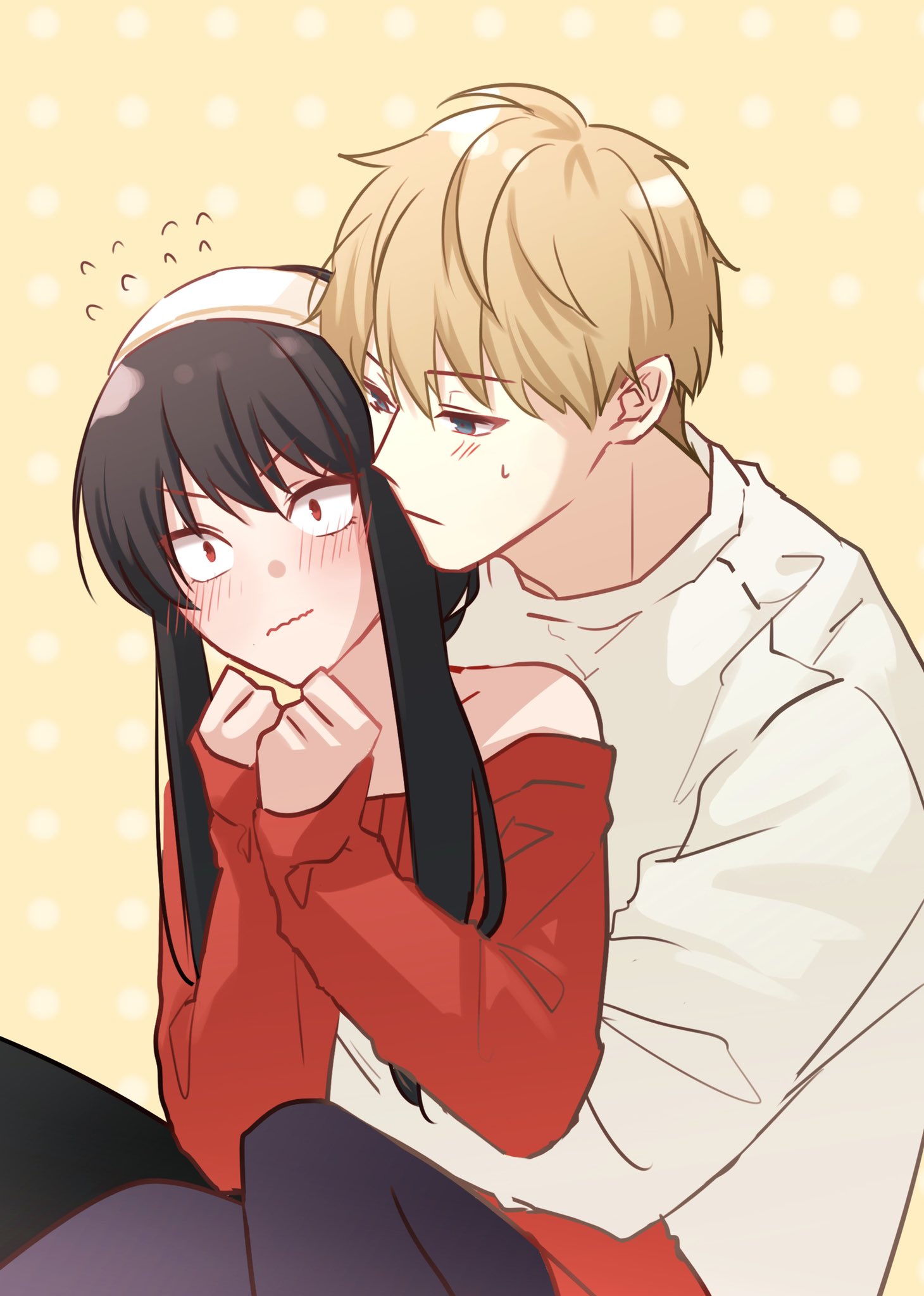 1boy 1girl bangs bare_shoulders black_hair blonde_hair blue_eyes blush cheb_0w0 closed_mouth collarbone commentary_request dotted_background dress flying_sweatdrops hairband highres hug hug_from_behind long_sleeves nose_blush off_shoulder red_dress red_eyes sidelocks spy_x_family sweatdrop sweater sweater_dress twilight_(spy_x_family) wavy_mouth white_hairband yellow_background yor_briar