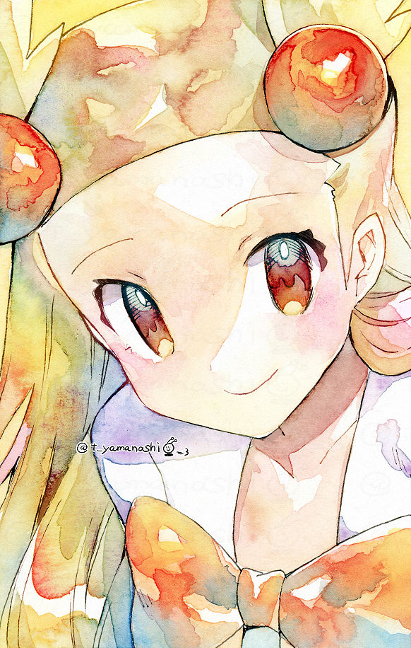 1girl bow brown_eyes collarbone hair_bobbles hair_ornament jasmine_(pokemon) light_brown_hair long_hair looking_at_viewer orange_bow pokemon pokemon_(game) pokemon_hgss smile solo twitter_username upper_body yamanashi_taiki yellow_background