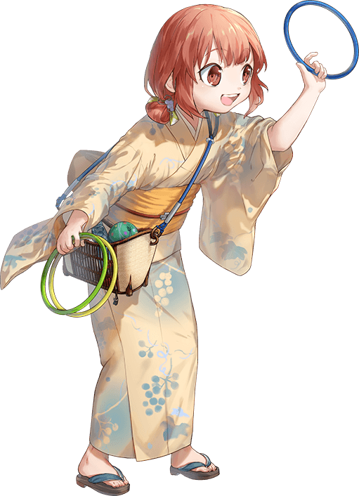 1girl bag brown_eyes brown_hair floral_print full_body geta grape_print holding_hoop hozuka_(kadokawa) japanese_clothes kaiboukan_no._4_(kancolle) kantai_collection kimono low_twintails official_alternate_costume official_art short_hair smile transparent_background twintails water_balloon yellow_kimono yukata