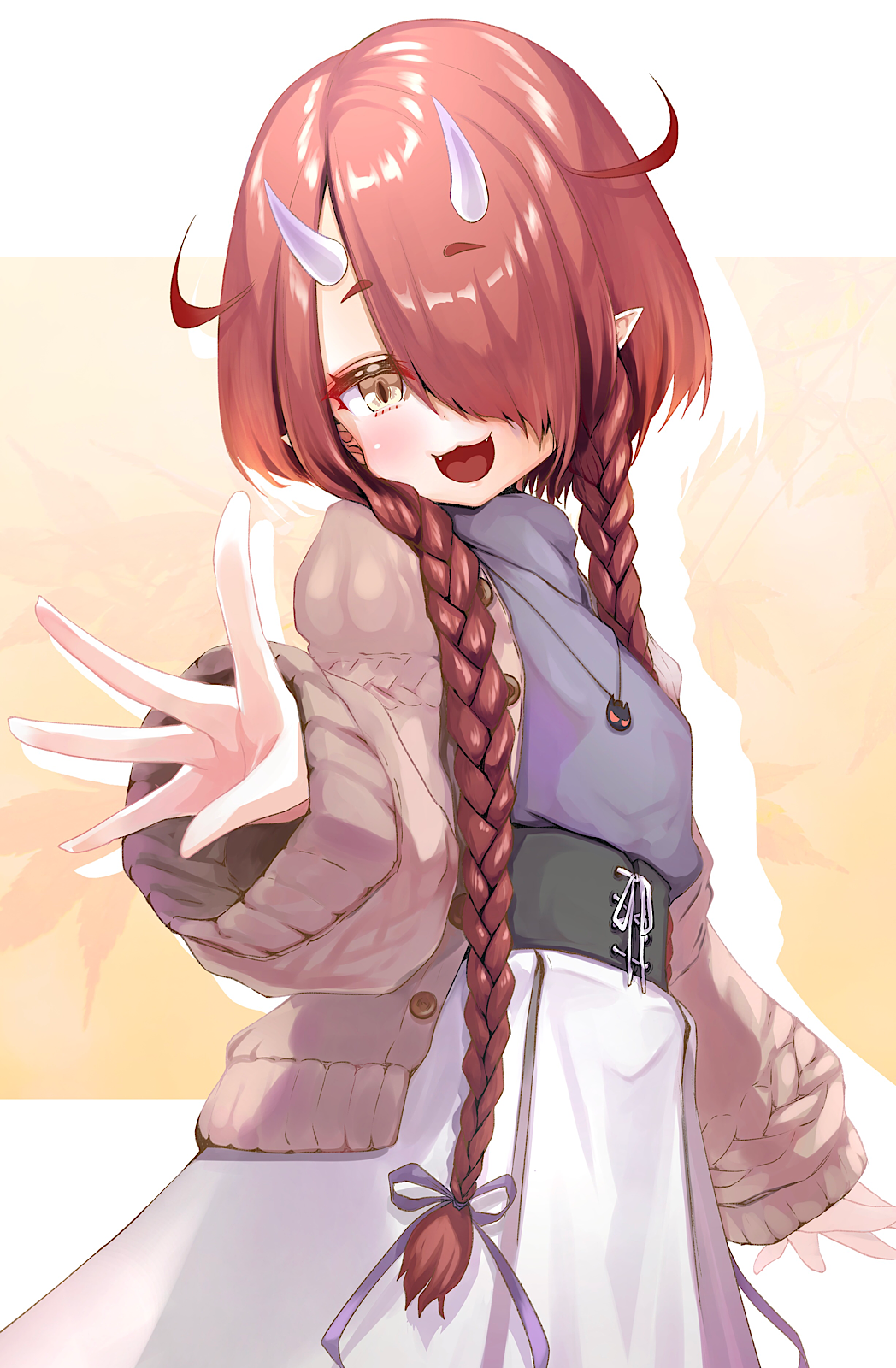 1girl :d aran_sweater braid brown_sweater cardigan fangs grey_shirt hair_over_one_eye high-waist_skirt highres hoozuki_warabe horns jewelry kajimakoto long_hair looking_at_viewer low_twin_braids necklace noripro oni_horns open_mouth paid_reward_available pointy_ears redhead shirt skirt smile solo sweater thick_eyebrows turtleneck twin_braids virtual_youtuber white_skirt yellow_eyes