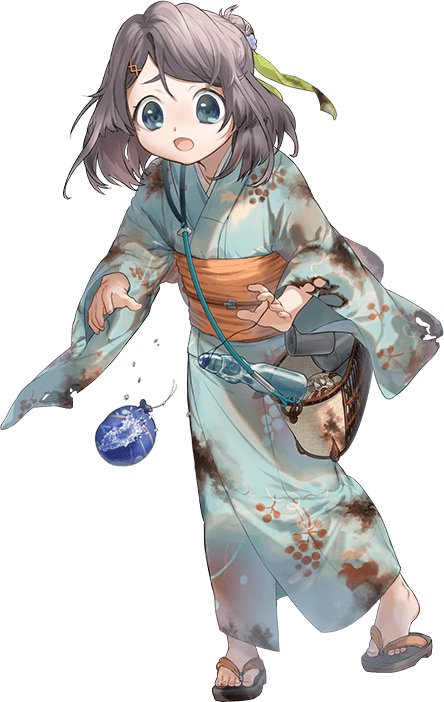 1girl bag basket blue_kimono burnt_clothes frown full_body geta grey_eyes grey_hair hair_ribbon hozuka_(kadokawa) japanese_clothes kaiboukan_no._30_(kancolle) kantai_collection kimono looking_down medium_hair official_alternate_costume official_art ribbon sad solo torn_clothes toy transparent_background water_balloon yukata