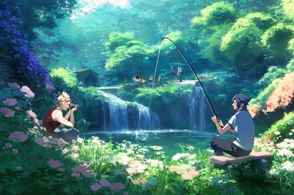 4boys bare_arms black_hair black_pants blonde_hair campfire camping chair final_fantasy final_fantasy_xv fishing fishing_rod flower foliage gladiolus_amicitia grey_pants hinoe_(dd_works) ignis_scientia looking_at_another male_focus multiple_boys noctis_lucis_caelum one_eye_closed open_mouth outdoors pants prompto_argentum red_shirt shirt short_hair sitting sleeveless sleeveless_shirt smile spiky_hair t-shirt taking_picture tent tree water waterfall white_shirt