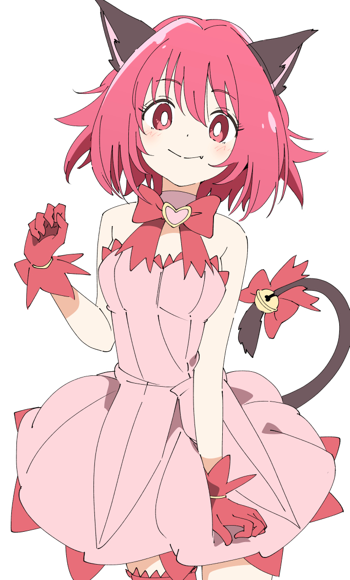 1girl animal_ears bell bow bowtie bright_pupils cat_ears cat_girl cat_tail closed_mouth commentary dress fang gloves ixy jingle_bell looking_at_viewer mew_ichigo momomiya_ichigo pink_dress pink_hair red_bow red_bowtie red_eyes red_gloves short_hair simple_background smile solo symbol-only_commentary tail tail_bell tail_ornament tokyo_mew_mew white_background white_pupils