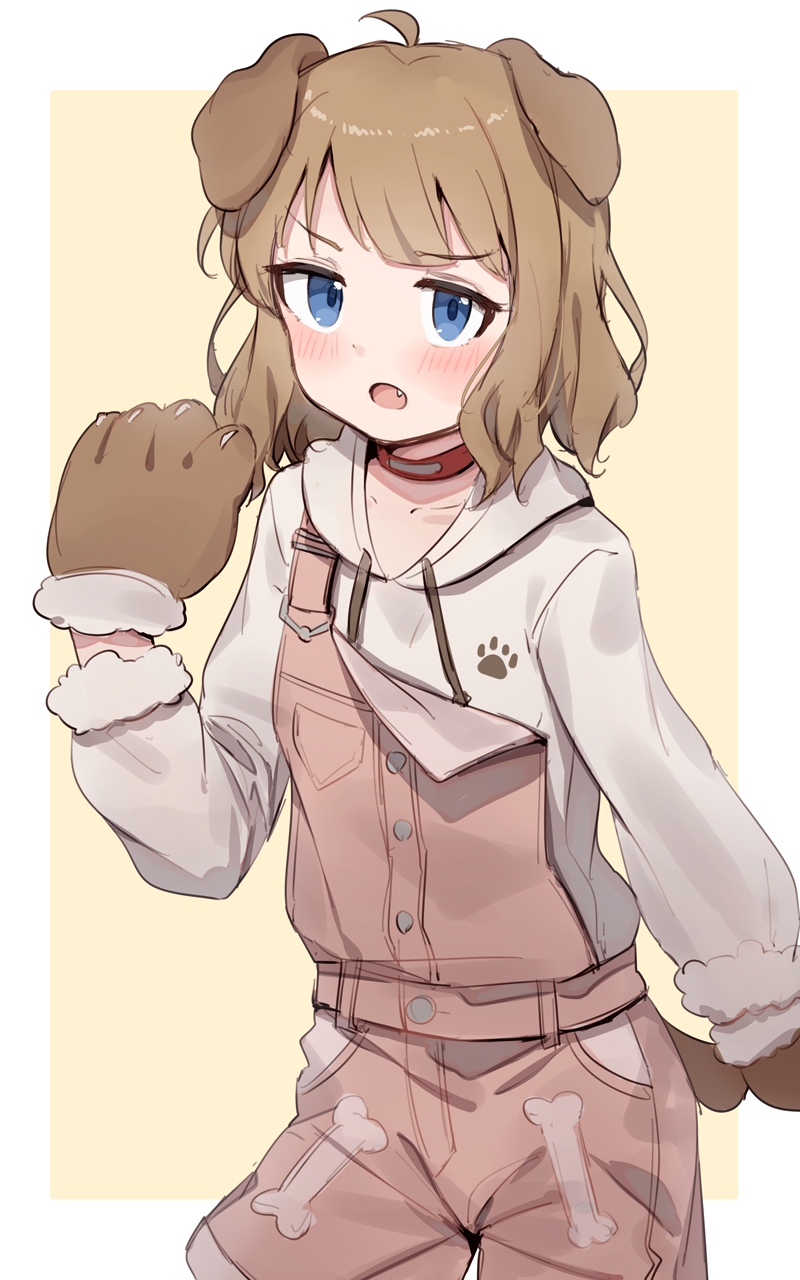 1girl :o animal_ears animal_hands blue_eyes blush character_request check_character collar commentary cowboy_shot dog_ears dog_tail drawstring fang fur-trimmed_sleeves fur_trim gloves highres hood hood_down hoodie idolmaster idolmaster_cinderella_girls light_brown_hair long_sleeves looking_at_viewer medium_hair overall_shorts overalls paw_gloves shone simple_background solo suou_momoko tail yellow_background